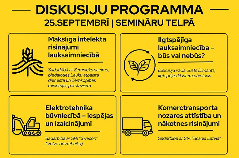Tiekamies uz diskusijām par to, kas šodien un rīt mainīs lauksaimniecības, būvniecības un transporta nozares – no mākslīgā intelekta līdz ilgtspējai un jaunām tehnoloģijām. Pēc izstādes būs pieejami  videoieraksti.
